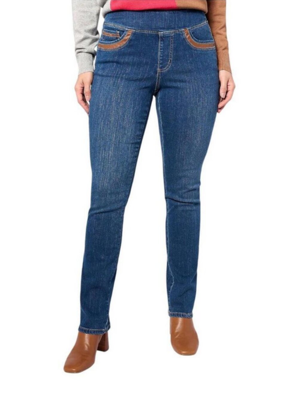 Belle by Kim Gravel TripleLuxe Faux Leather Trim Jean Rinse Wash Plus 32